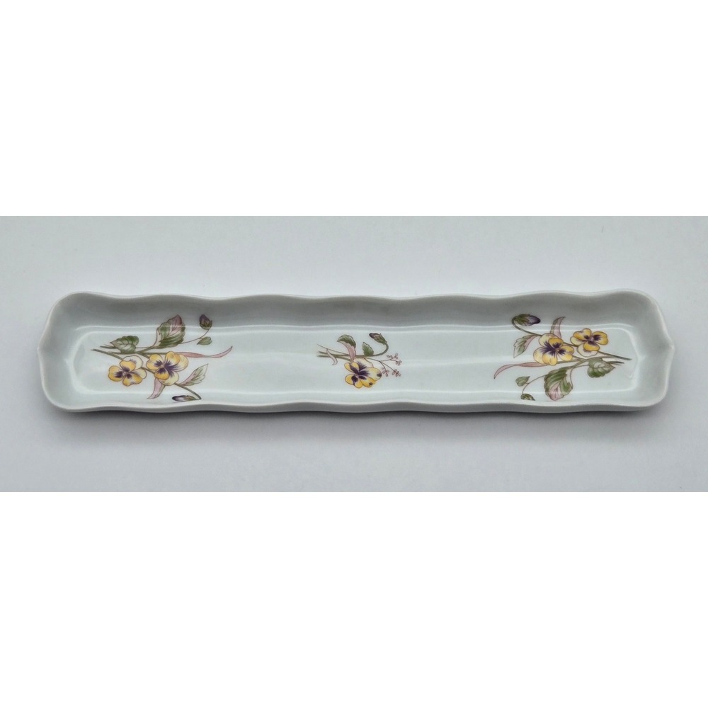 Rochard Limoges France Porcelain Tray‎ Trinket Olive Yellow Pansy Floral Scallop